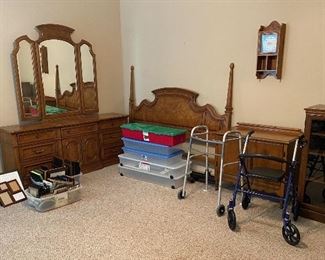 Beautiful dresser, headboard, 2 storage cabinets, picture frames and walkers!