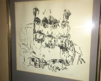 Zero Mostel Signed 3-Face, Self-Portrait Print--Professionally Matted/Framed