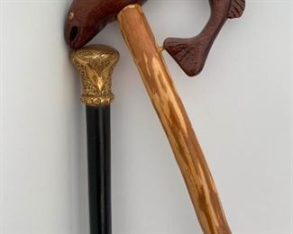 SS006 Brass Topped Gentlemens Walking Stick And Carved Fish Wooden Cane