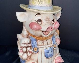 SS037 VINTAGE 1960s FARMER PIG COOKIE JAR BY TREASURE CRAFT