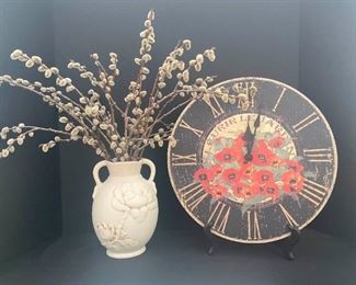 SS050 Red Wing Pottery Vase, Pussy Willow Bunch And Decorative Wall Clock