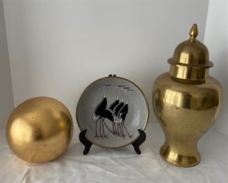 SS081 Nora Fenton Brass Collar Bowl, Brass Urn And Golden Ball
