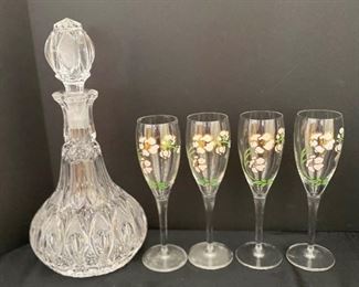 SS104 Perrier Jouet Champagne Flutes And Crystal Decanter