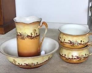 Early Hunt scene Transferware pitcher and bowl set with 2 chamber pots