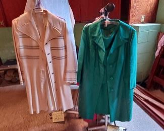 vintage wool coat with belt and a hand-made satin stunning green  2 piece dress ...looks like a Katharine Hepburn style.