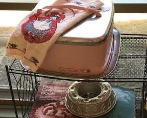 Vintage cake carrier and other items like bread box, jello molds, etc