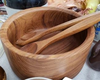 Attractive wood salad bowl with servers