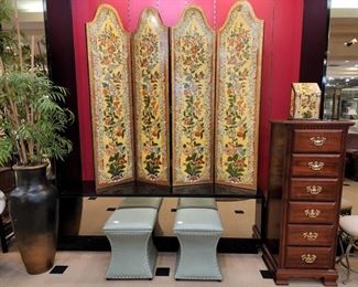 Floral room divider, ottomans, and tall dresser