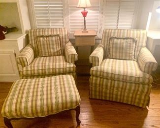 Upholstered Green/Cream Arm Chairs and Ottoman 