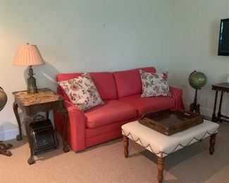 2 Cushion Sofa, antique/vintage side tables, leather ottoman with nail head trim