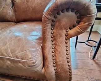 LEATHER 3 SEAT COUCH W/NAIL HEAD ACCENTS - THIS ITEM HAS SOME WEAR