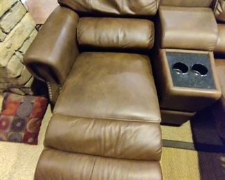 3 - SEAT ELECTRIC RECLINING LEATHER THEATRE SEATING - HAS SOME MINOR WEAR IN THE HEAD REST ON 2 OF THE CHAIRS
