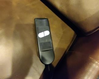 3 - SEAT ELECTRIC RECLINING LEATHER THEATRE SEATING - HAS SOME MINOR WEAR IN THE HEAD REST ON 2 OF THE CHAIRS - REMOTE