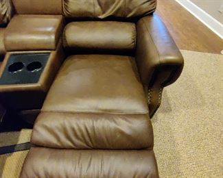 3 - SEAT ELECTRIC RECLINING LEATHER THEATRE SEATING - HAS SOME MINOR WEAR IN THE HEAD REST ON 2 OF THE CHAIRS