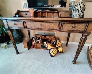 KEY WEST TRADITIONAL STYLE WOODEN SECRETARY W/ CARVED ACCENTS & MISC HOMEGOODS