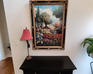 DECORATIVE 3 - DRAWER WOODEN ACCENT ENTRY TABLE & FRAMED WALL AR T & LAMP