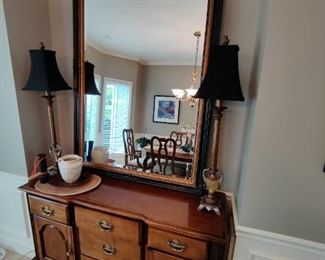 BASSETT BRAND - WOODEN BUFFETT - ACCNET LAMPS - OVERSIZED DECORATIVE MIRROR