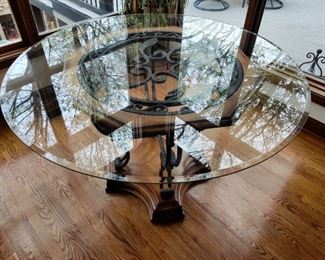 QULAITY WOODEN & WROUGHT IRON BASE GLASS TOP TABLE & 4 LEATHER CAPTAINS CHAIRS W/ NAILEHAD ACCENT TRIM