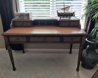 KEY WEST TRADITIONAL STYLE WOODEN SECRETARY W/ CARVED ACCENTS & MISC HOMEGOODS