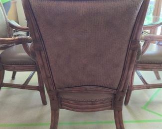 QULAITY WOODEN & WROUGHT IRON BASE GLASS TOP TABLE & 4 LEATHER CAPTAINS CHAIRS W/ NAILEHAD ACCENT TRIM