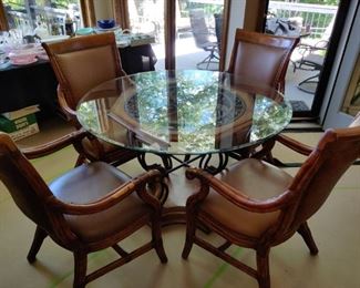 QULAITY WOODEN & WROUGHT IRON BASE GLASS TOP TABLE & 4 LEATHER CAPTAINS CHAIRS W/ NAILEHAD ACCENT TRIM