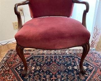 Velvet queen ann chair and area rug