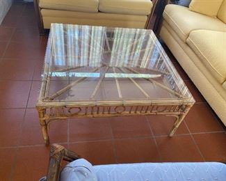 Rattan and glass coffee table 36 x 16 1/2 x 36
