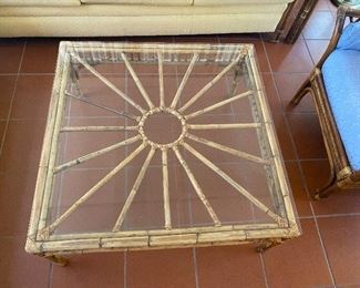 Rattan and glass coffee table 36 x 16 1/2 x 36