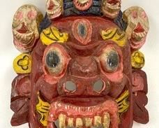 Vintage Red Hand-Carved Wooden Mahakala Mask #1 - Buddhist/Hindu