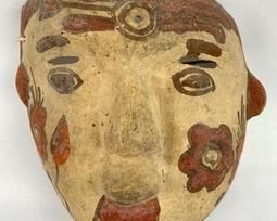 Antique Clay Guatemalan Patrona Polychrome Dance Mask w/ Painted Flowers on Cheeks