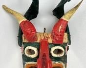 Large Vintage Mexican Dance Mask - Bright Laughing Creature w/ 2 Sets of Horns - 19" Tall