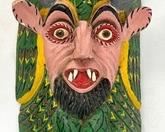 Large Vintage Colorful Mexican Dance Mask - Devil w/ Horns w/ Parrot in Background - 21" Tall