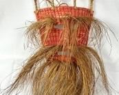 Vintage Mexican Folk Art Woven Red Straw Mask w/Grass Accents