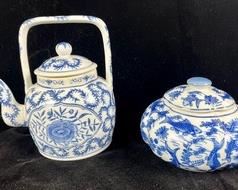 Vintage Blue Ceramic Teapot & Jar- China