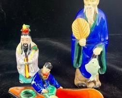 Vintage Vibrant Chinese Mud Man w/Fish, Fisherman in Boat, and Lu Deity