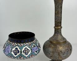 Antique Turkish Copper Vase and Bronze & Enamel Bowl