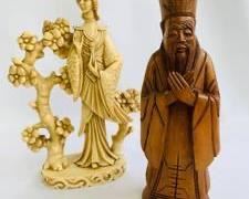 Two Vintage Asian Spiritual Figurines- Wooden Bearded Elder & G. Ruggeri Resin Sculpture