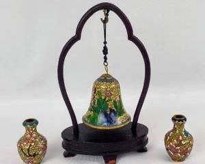 Hand Made Cloisonné Bell and Mini Vases with Wooden Display Stands- China