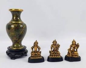 Three Vintage Brass Thai Buddhist Statues and Cloisonne Polished Vase- China