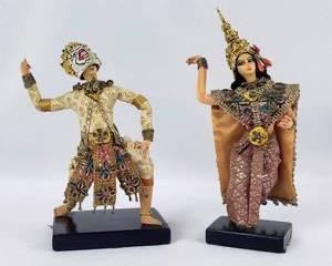 Pair of Vintage Thailand Cloth Costume Dancer Dolls