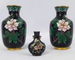 Miniature Black Cloisonne Enamel Flower Pattern Vases