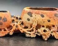 Vintage Chinese Hand Carved Soapstone Inkwell and Brush Pot for Calligraphy