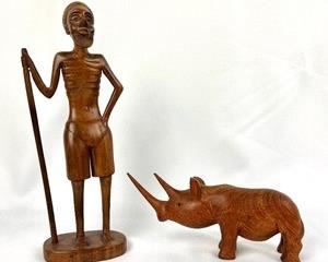 Hand-Carved African Tribal Figures - Man With A Staff and Rhino