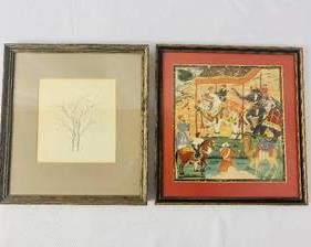 Intriguing Vintage Framed Art - Tree Sketch and Middle Eastern Festive Scene