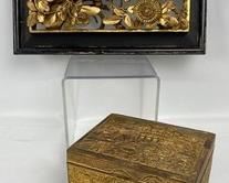 Antique Chinese Hand Carved Gold Gilded 3D Wooden Panel & Ornate Brass Box