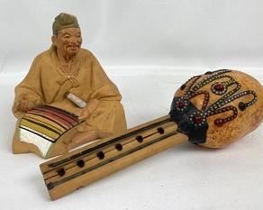 Vintage Japanese Urasaki Clay Doll & Wood Instrument