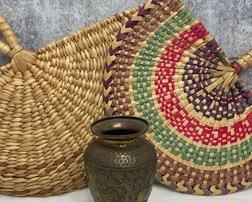 Small Asian Etched Brass Vase & Two Straw Fans