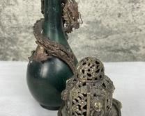 Japanese Bronze Incense Burner and Green Vase with Silver Metal Dragon