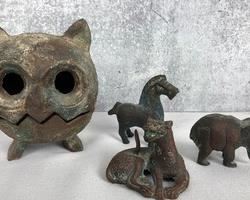 Antique Cast Iron Japanese Metal Owl Incense Burner and Brass Tiger, Horse & Elephant
