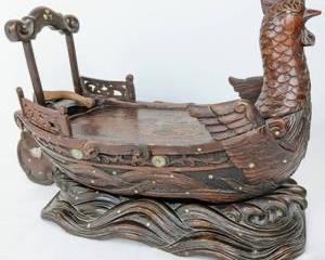 Unique Vintage Hand-carved Wooden Phoenix/ Rooster Boat- Japan